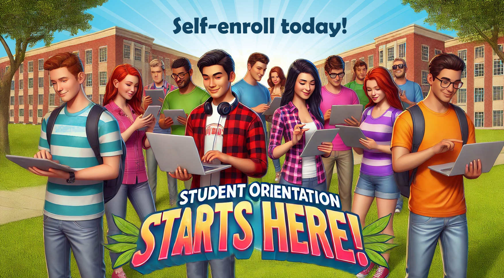 A diverse group of college students on their tablets and laptops outside on the college campus grounds.